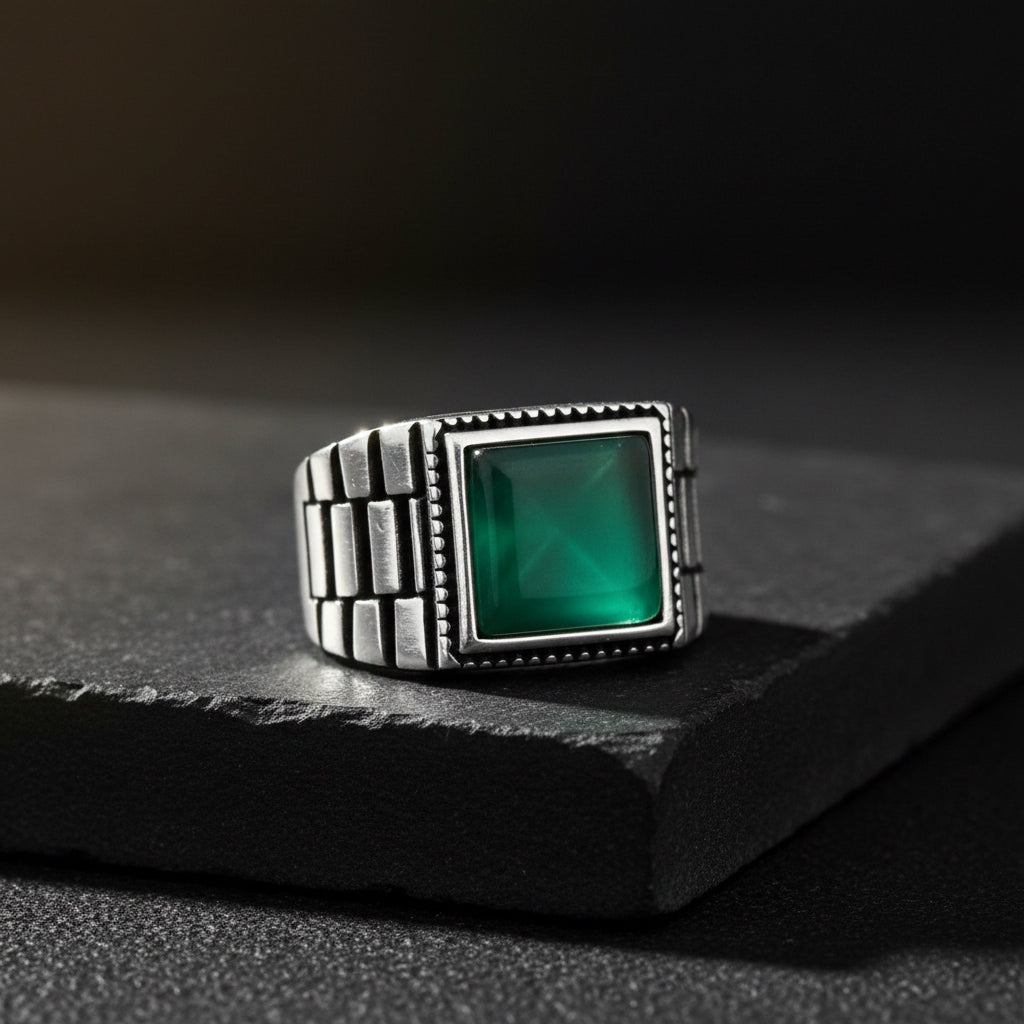Square Green Agate Stone Men's Silver Ring
