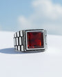 Square Agate Stone Men's Silver Ring