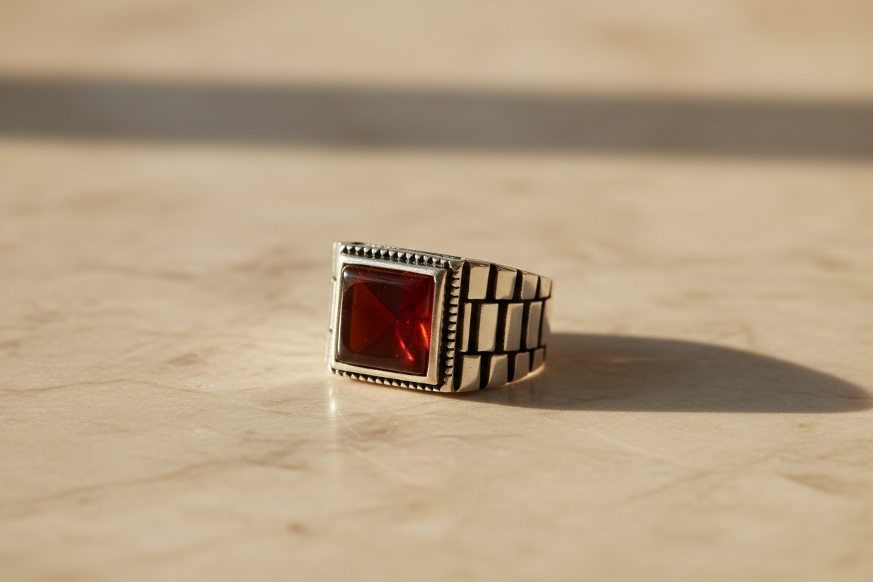 Square Agate Stone Men's Silver Ring