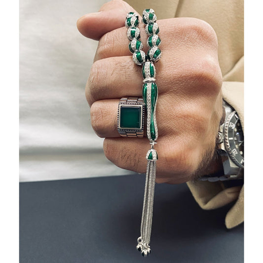 Green 925 Sterling Silver Tasbih with Zircon Stones Agate Stone Ring