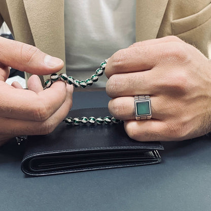 Green Enamel Zircon Stone 925 Rosaire en argent sterling et Agate Swilut Set