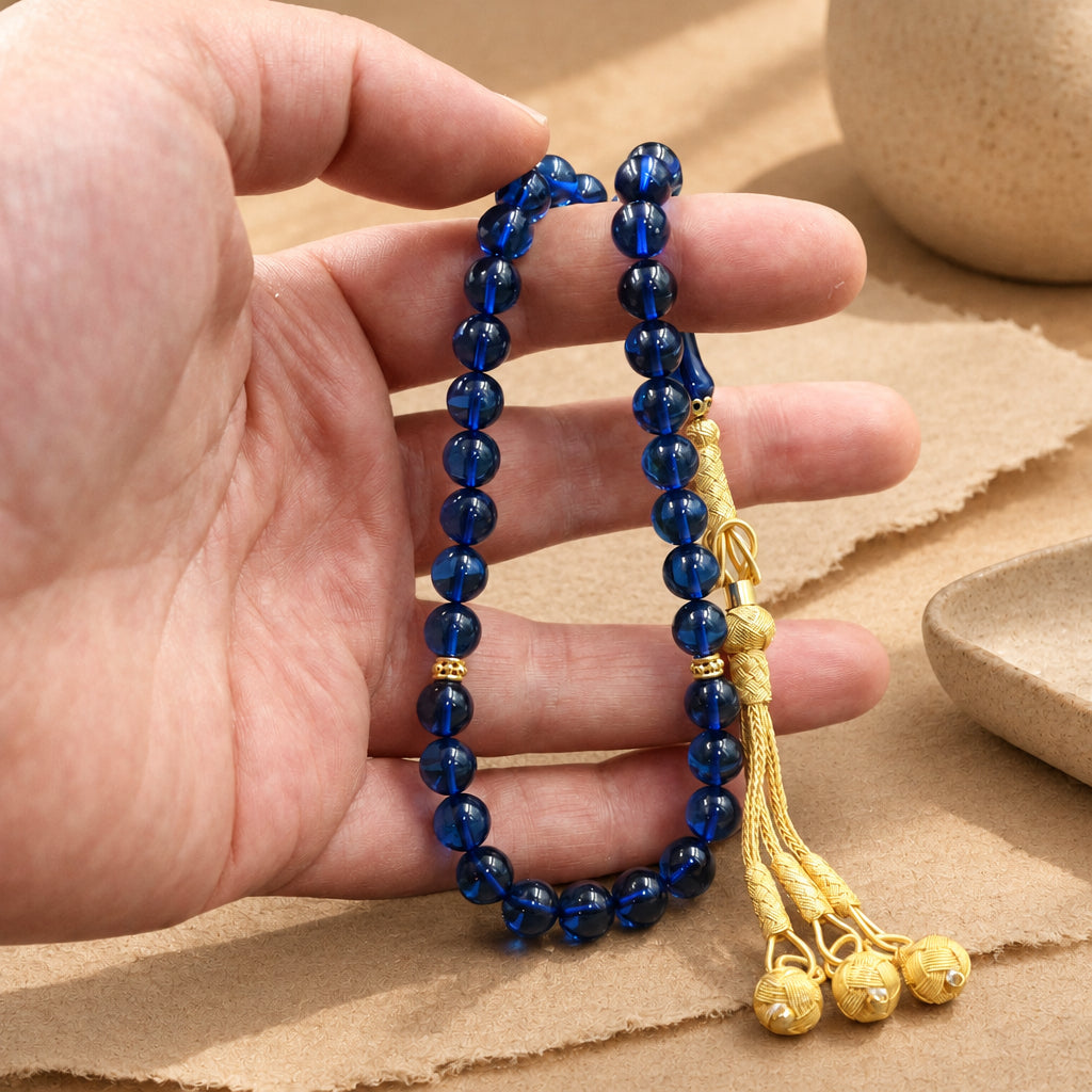 Blue Sapphire Amber Prayer Beads | 1000 Silver Kazaz Tassel