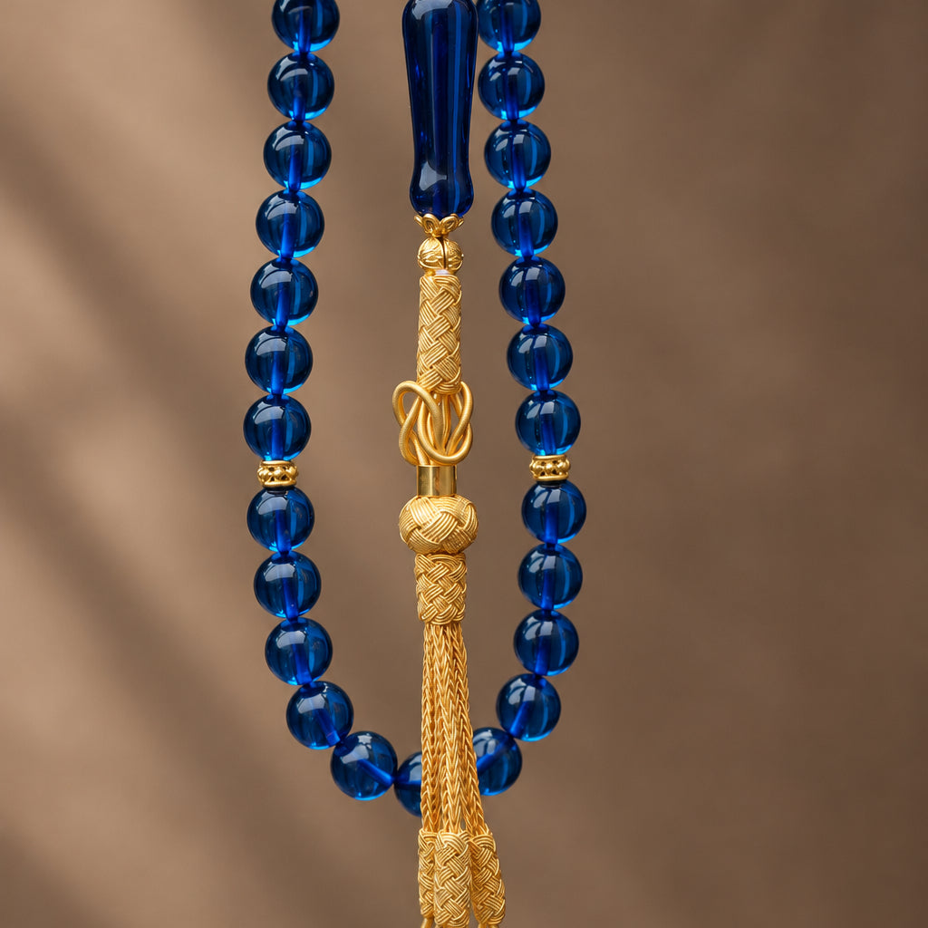 Blue Sapphire Amber Prayer Beads | 1000 Silver Kazaz Tassel