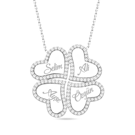 Four Names Luck Hearts 925s Silver Clover Necklace