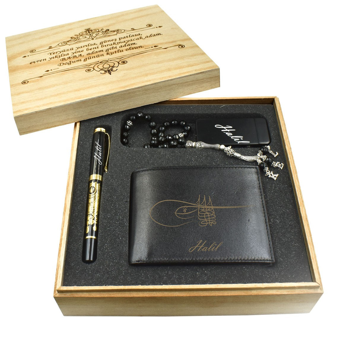 Personalized Leather Wallet Pen Tasbih Lighter Gift Set