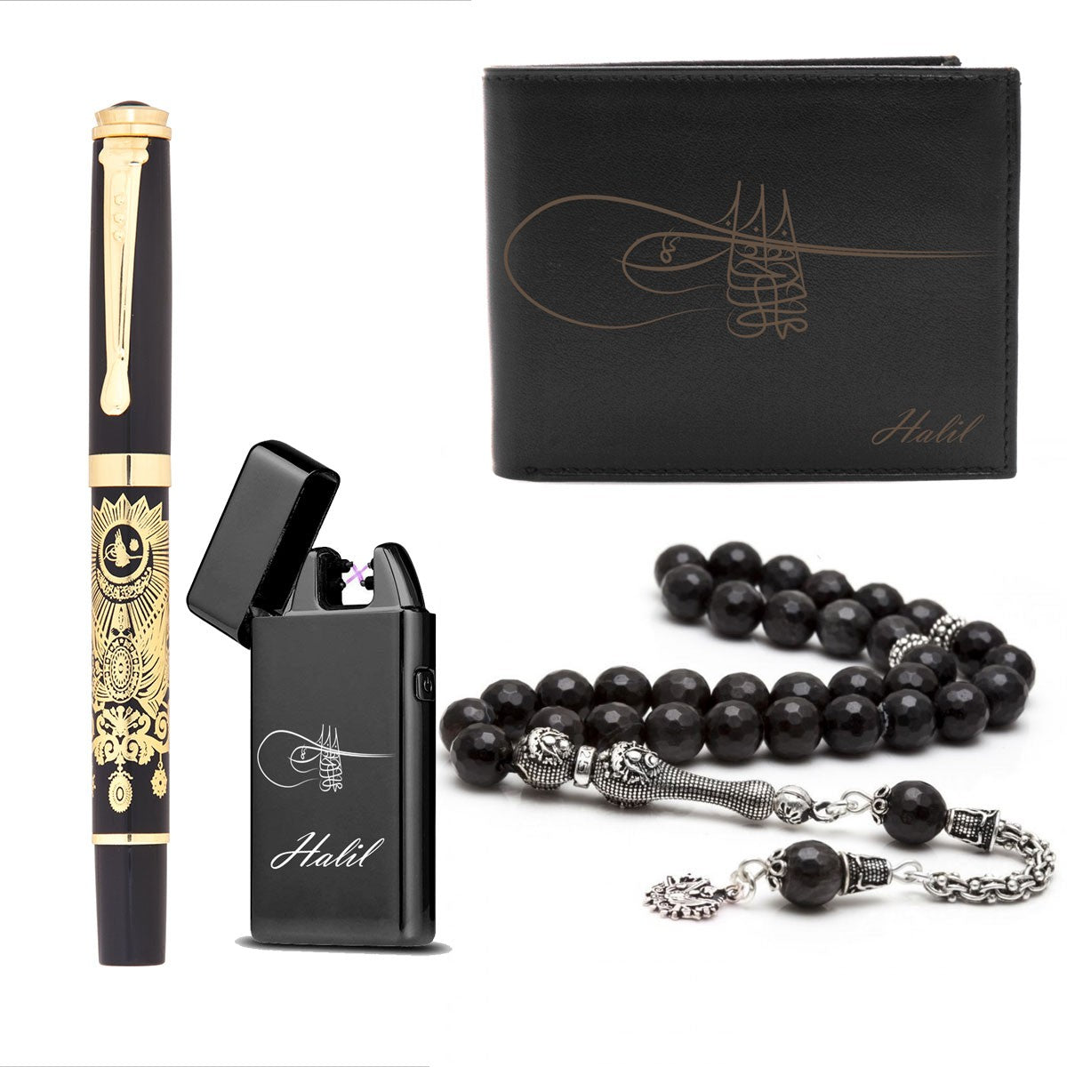 Personalized Leather Wallet Pen Tasbih Lighter Gift Set