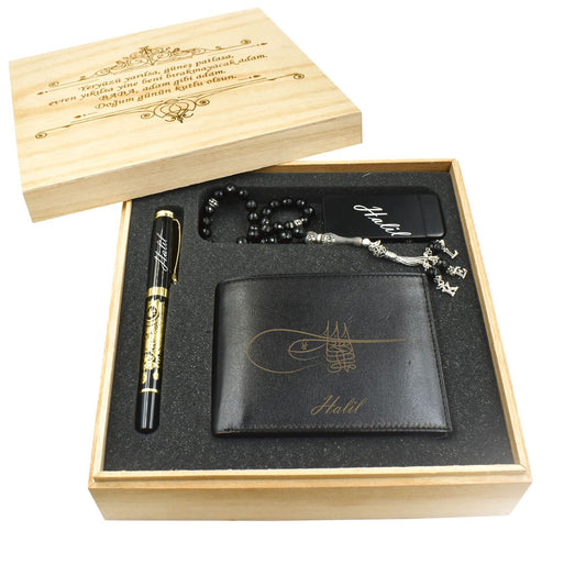 Personalized Leather Wallet Pen Tasbih Lighter Gift Set