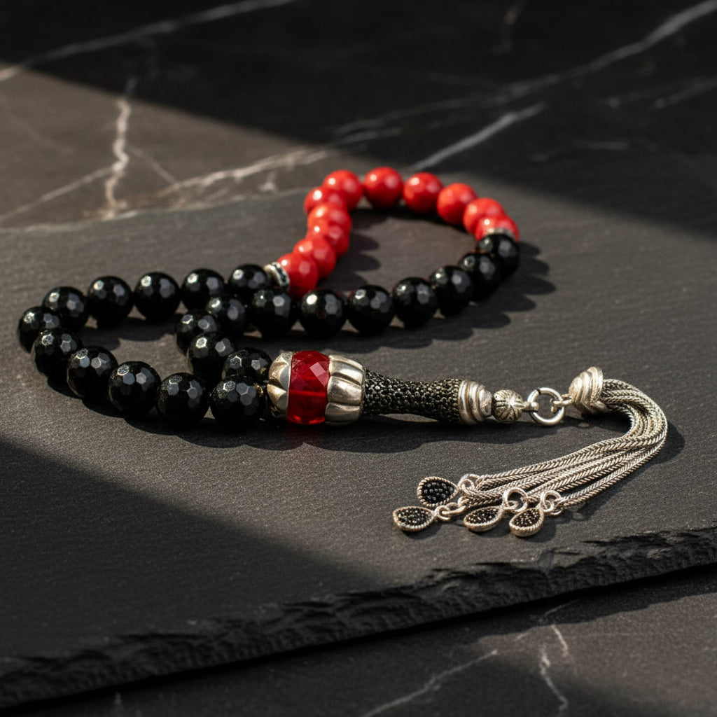 925 Sterling Silver Onyx Mercan Tesbih