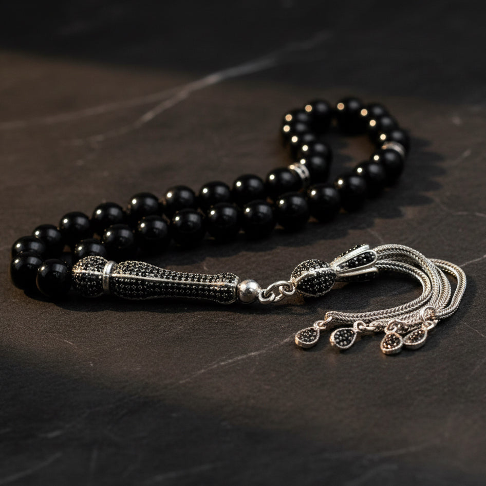 925 Sterling Silver Onyx Stone Rosary