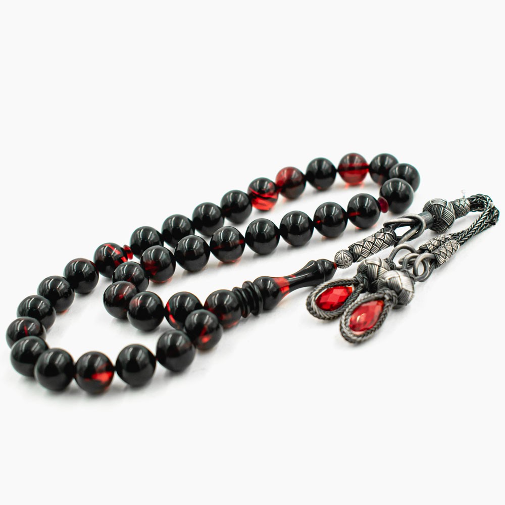 Red Black Artificial  Amber w Silver Tassel Tasbih