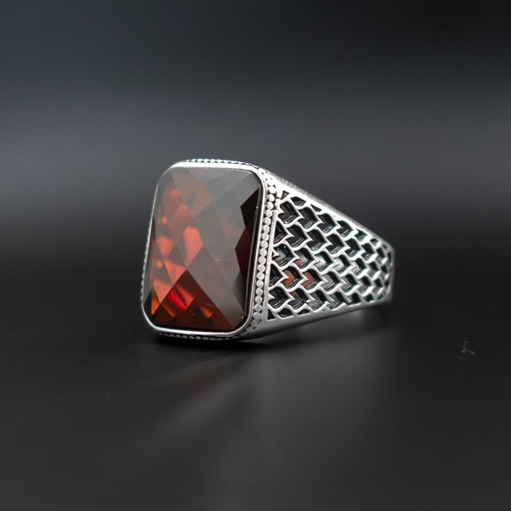 Herrenring 925er Silber mit rot Zirkon