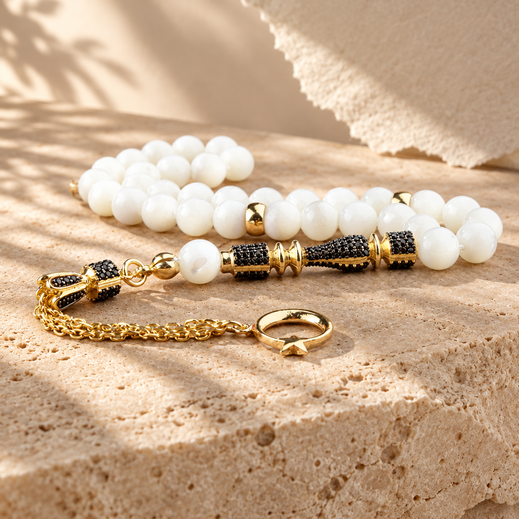 Mother of Pearl Tasbih with Zircon & Gold-Plated Tassel | 925 Silver