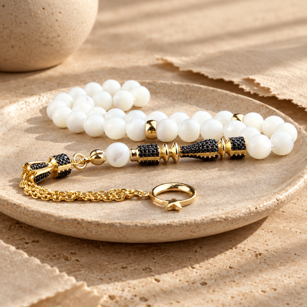Mother of Pearl Tasbih with Zircon & Gold-Plated Tassel | 925 Silver