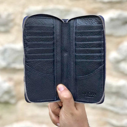 Navy blue leather zipper with phone entry wallet