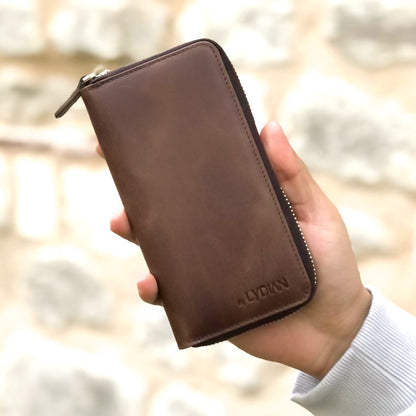 Brown Leather Zippered Wallet with Phone Entry