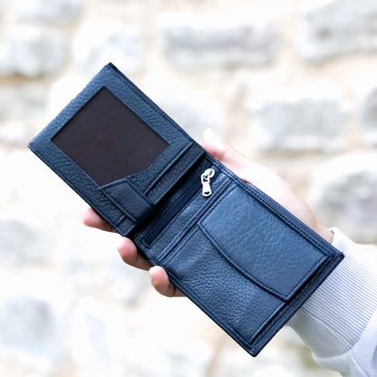 Dunkelblaues Herren Leder Portemonnaie – Personalisierte Holzbox

