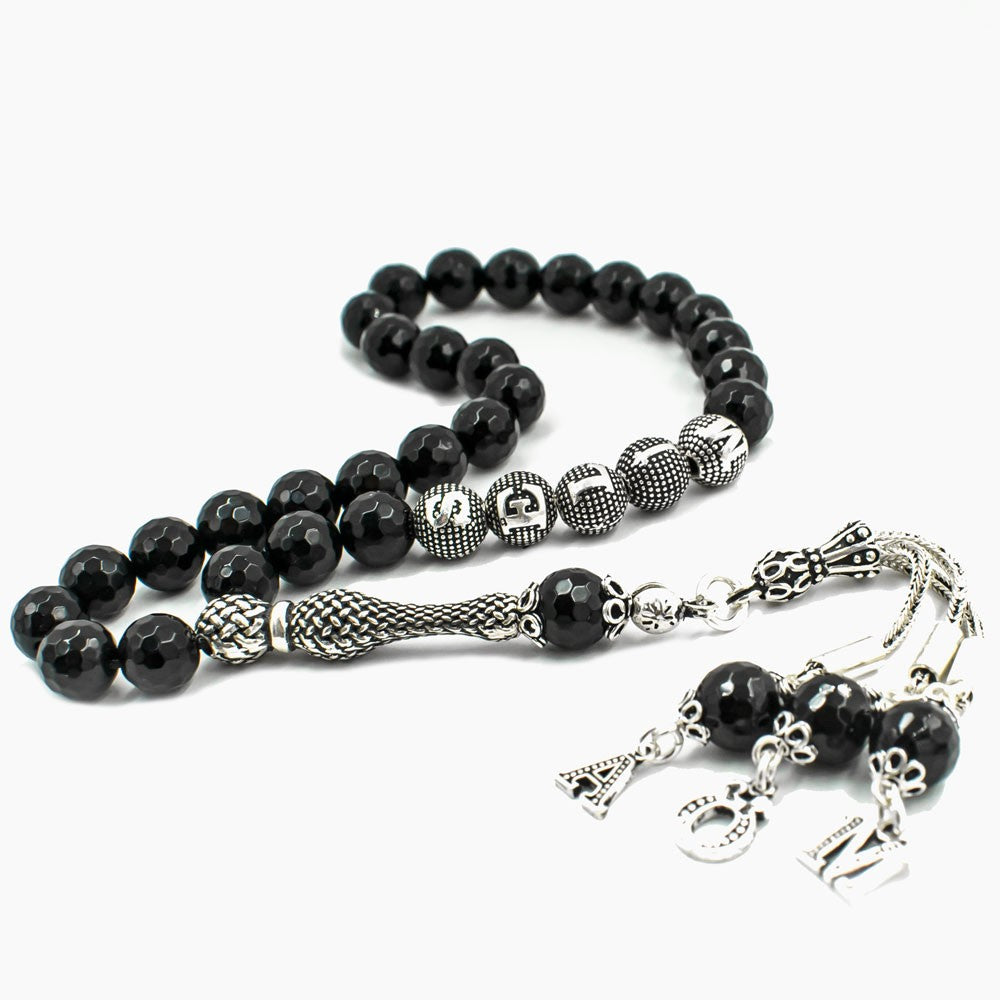 Black Onyx Stone Tasbih with 925s Silver Tassel Initials