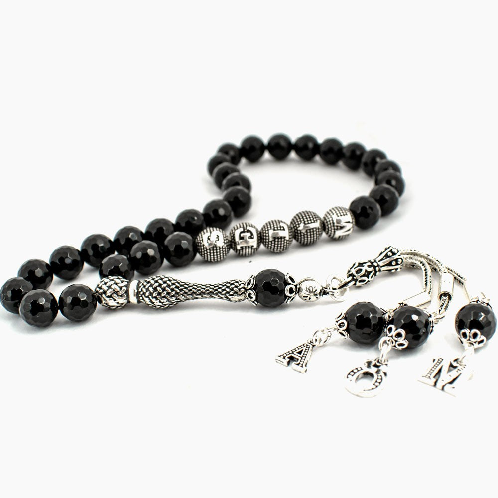 Black Onyx Stone Tasbih with 925s Silver Tassel Initials