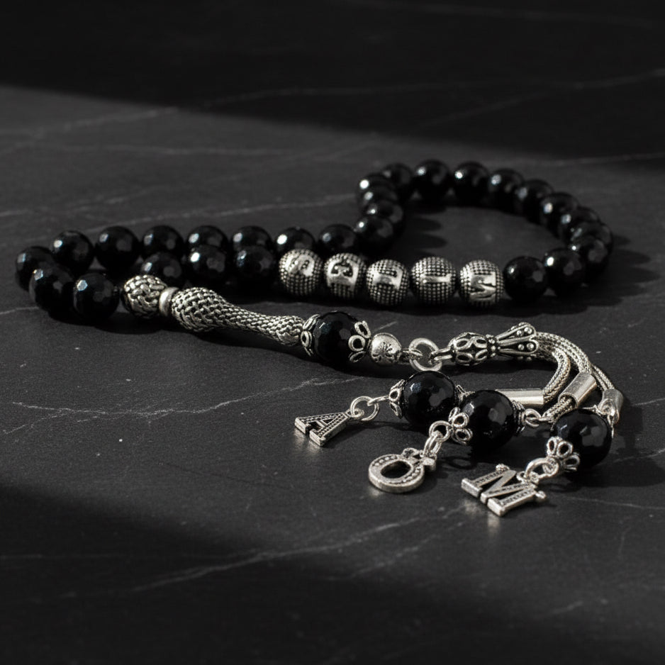 925 Sterling Silver Isimli Onyx Natural Stone Rosary