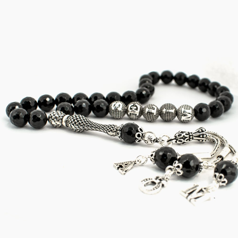 Black Onyx Stone Tasbih with 925s Silver Tassel Initials