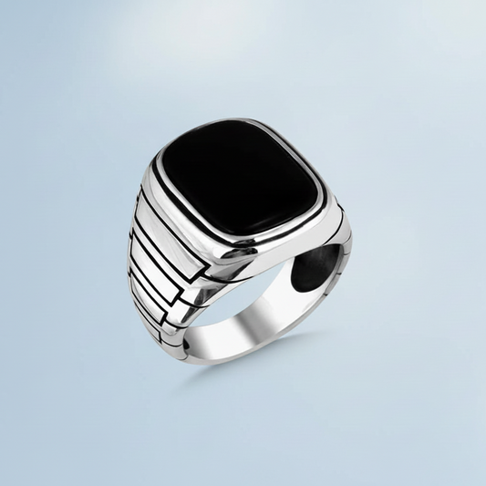 Black Onyx Stone Silver Men's Ring