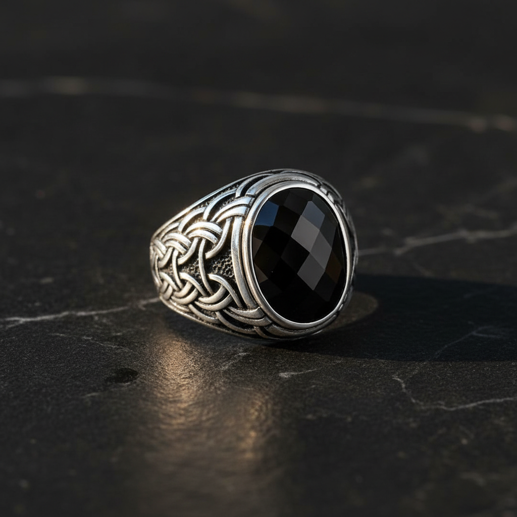 Facet slaughter black zircon stone silver male ring