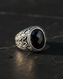 Facet slaughter black zircon stone silver male ring
