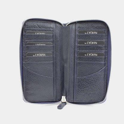 Navy blue leather zipper with phone entry wallet