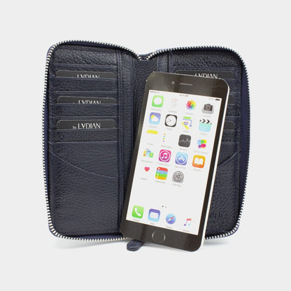 Navy blue leather zipper with phone entry wallet