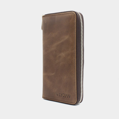 Brown Leather Zippered Wallet with Phone Entry