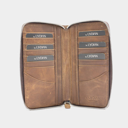 Brown Leather Zippered Wallet with Phone Entry