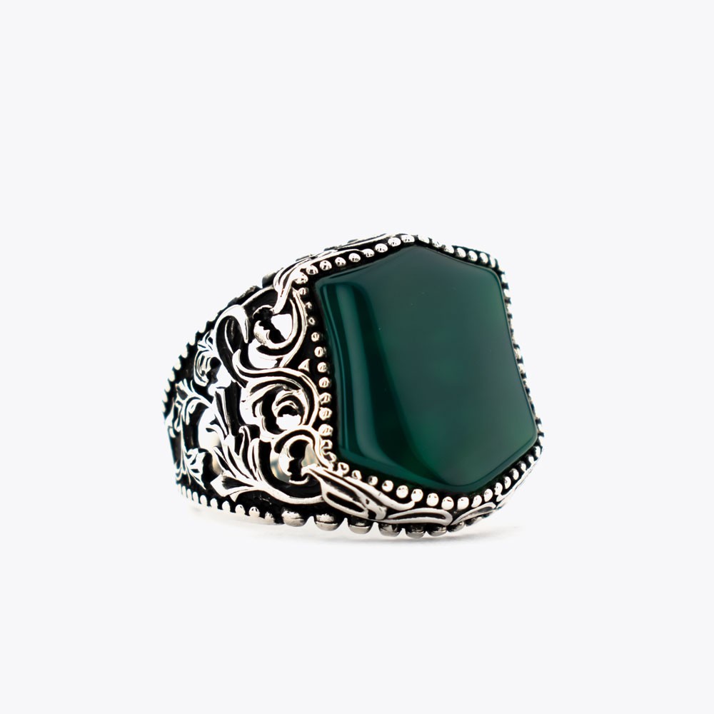 Green Agate Stone Silver Men Ring