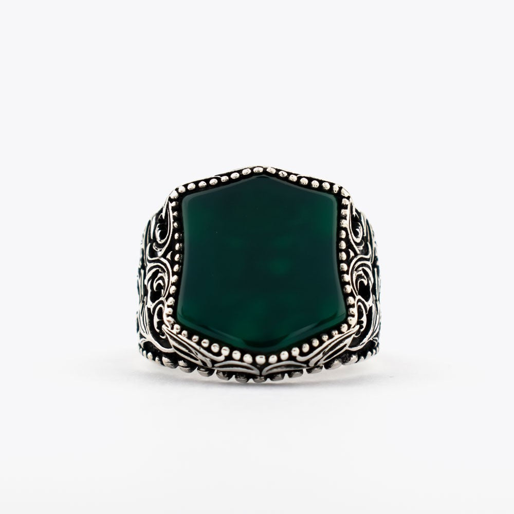 Green Agate Stone Silver Men Ring