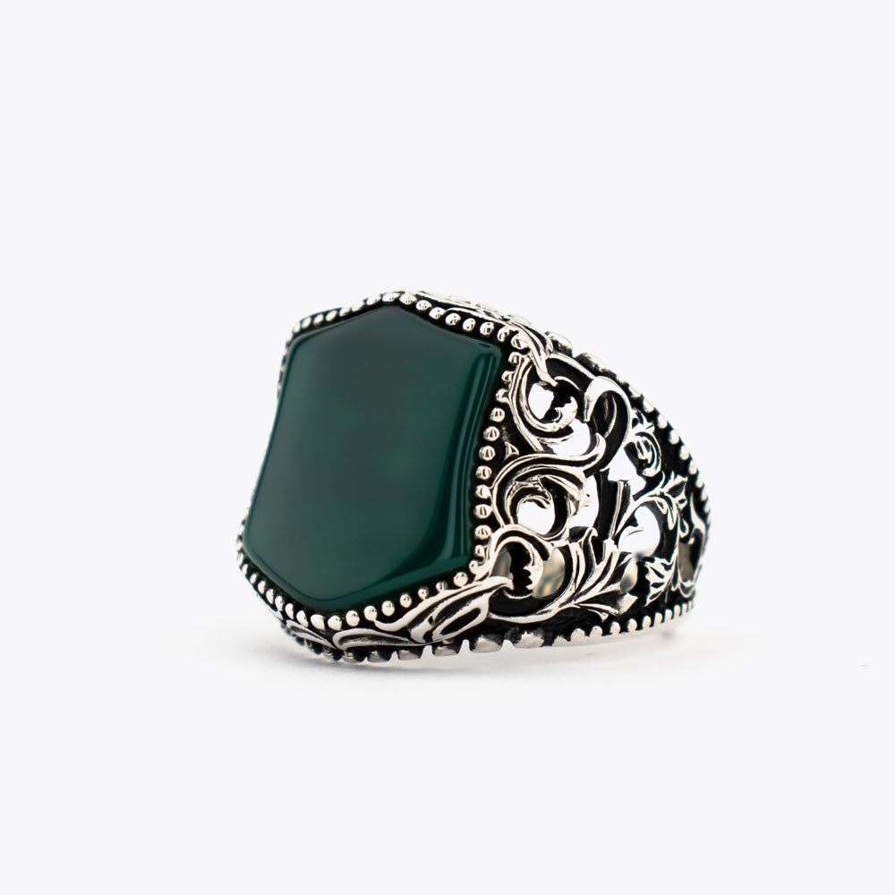 Green Agate Stone Silver Men Ring