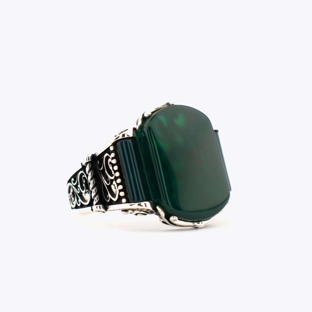 Green Agate Stone Silver Men Ring