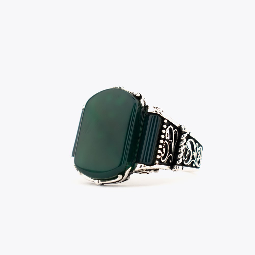 Green Agate Stone Silver Men Ring