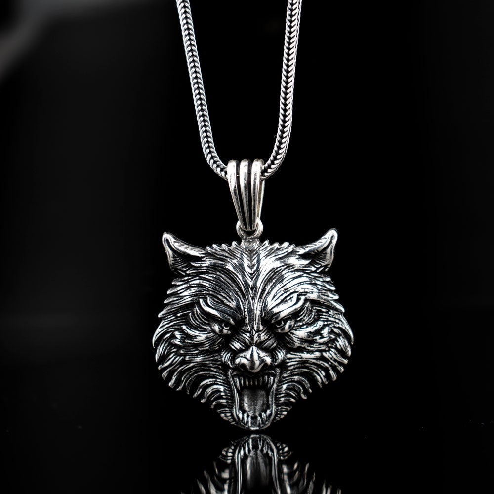 925 Sterling Silver Men Necklace with Wolf Motifs