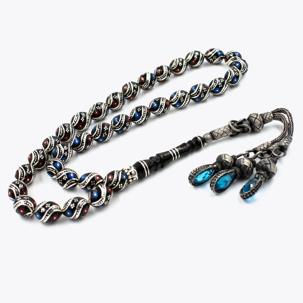 Silver tassel and embroidered burgundy Blue Erzurum Oltu Tesbih