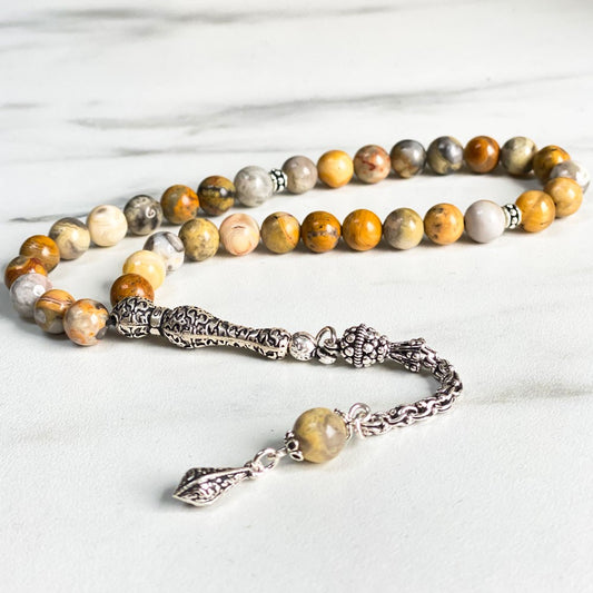 Crazy Agate Stone Silver Prayer Beads