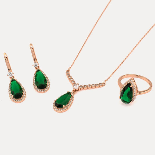 Green Zircon Stone Necklace Ring and Earrings Set