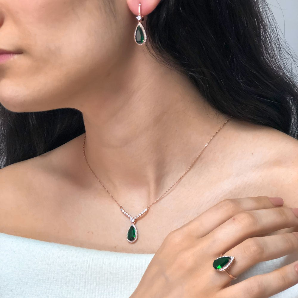 Green Zircon Stone Necklace Ring and Earrings Set