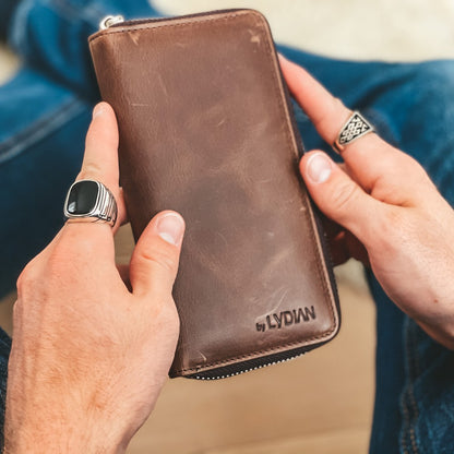 Brown Leather Zippered Wallet with Phone Entry