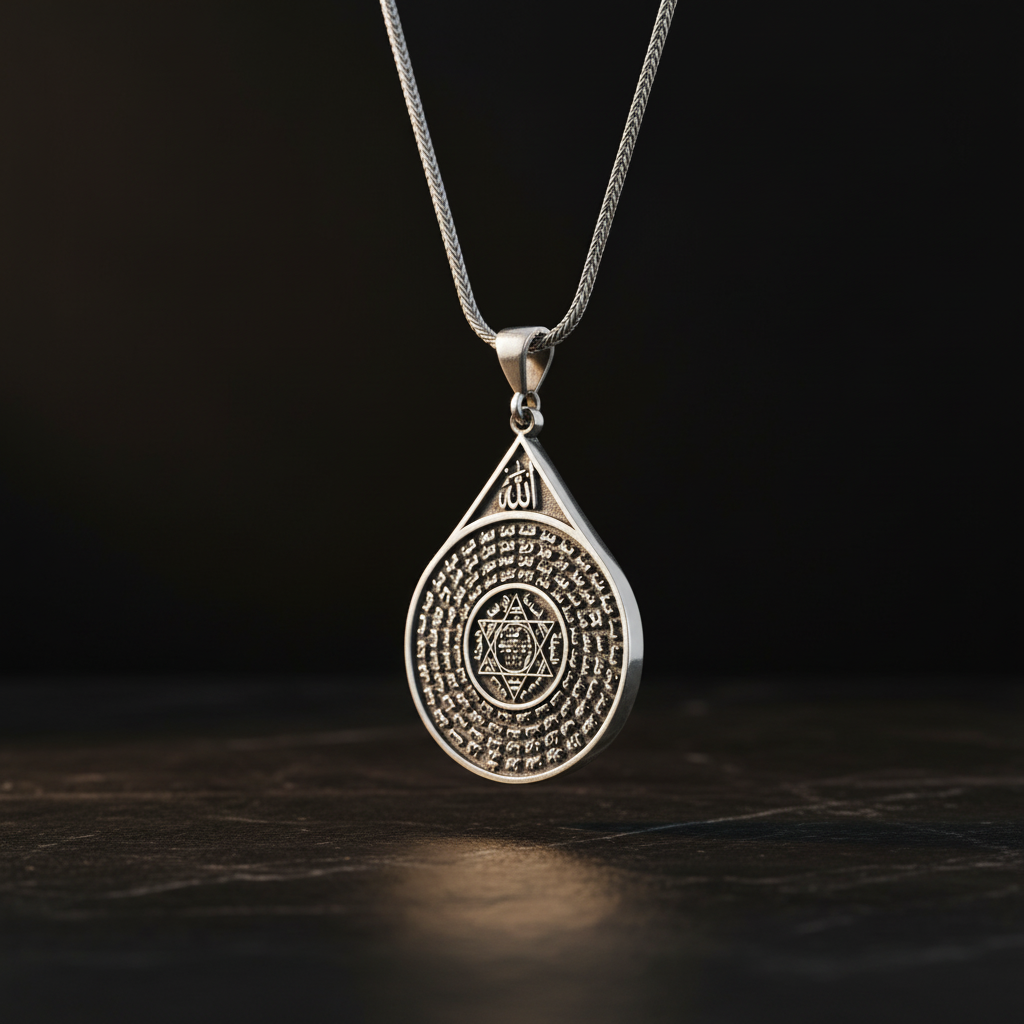 925 Sterling Silver Men's Necklace with Esmaül Hüsna and Seal of Hz. Süleyman