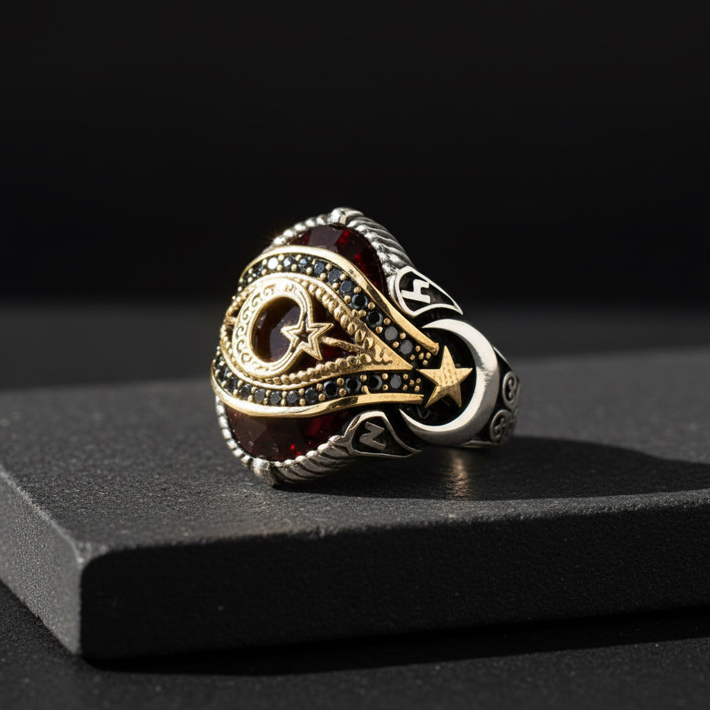 Moon Star Motif Silver Men's Ring