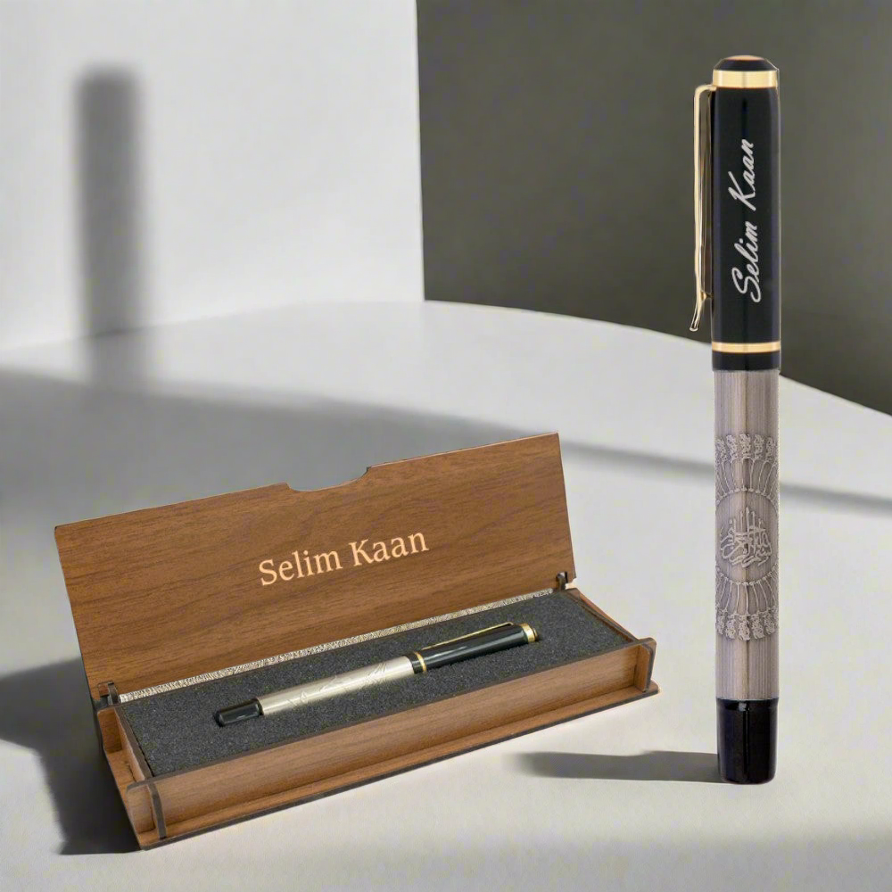 Besmele İsimli Roller Kalem ve Not Yazılı Ahşap Kutu Hediye Seti