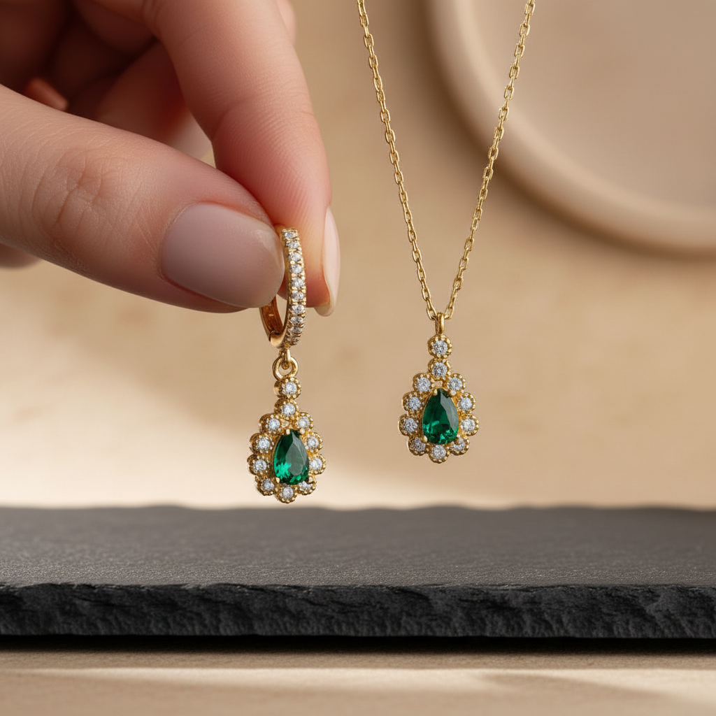 925 Ensemble de boucles d'oreilles de collier Great Emerald Silver Emerald Drop