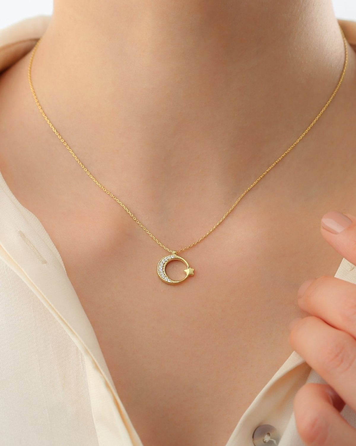 925 Sterling Silver Moon Star Necklace