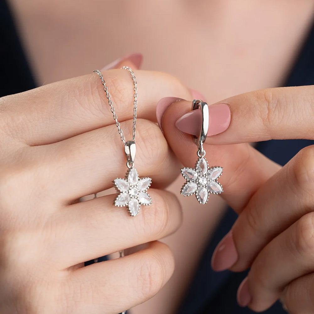 925 Sterling Silver Zircon Stone Lotus Necklace Earrings Set
