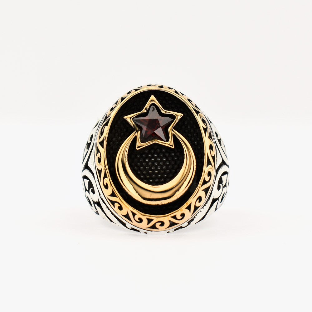 Crescent Moon Star Mens 925s Silver Ring