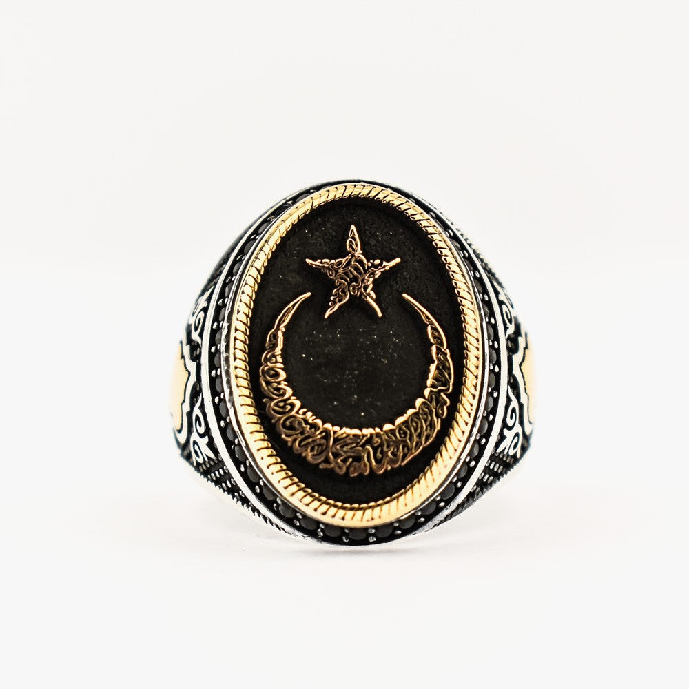 Crescent Moon Star Mens 925s Silver Ring